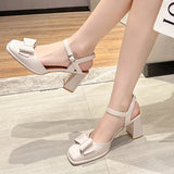 2022 Big Bowknot Thick Heels Pumps Women Summer Ankle Strap Singback Shoes Woman Patent Leather High Heel Shoes
