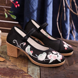Breakj Heel Square With Women's Shoes A Word Buckle Shallow Spring And Summer New Embroidered Cloth Shoes With Horse Face Skirt High Heel Embroidered