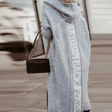 Fashion Back Letter Printed Loose Coats Women Fall Winter Elegant Hooded Overcoat Casual Pockets Office Lady Knit Tops