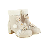 Women Winter Snow Warm Lambswool Fur Plush Lining PU Leather Ankle Boots Pearl Bowknot Anime Cosplay Girls Lolita Platform