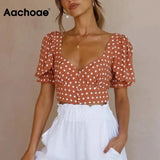 Summer Women Vintage Polka Dot Printed Crop Blouse Puff Short Sleeve Bodycon Shirt Ladies V Neck Slim Tops 2021