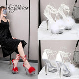 Women's Sandals 2023 Summer New Waterproof Platform Transparent Fur High Heels Cross Straps Thin Heel Pole Dance