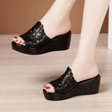 Heel Sandals Women Summer 2021 Platform Hollow Flower Sandals Large Size 41 43 Comfortable Open Toe Black Shoes