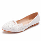 Breakj Flat-Bottomed Lace Wedding Shoes White Pointed Casual Flat Heels White Lace Casual Women's Shoes Low