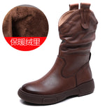 Breakj Boots Pile Boots Top Layer Of Kraft Mid-Sleet Boots Women Flat Bottom Soft Skin Autumn Winter Leather Martin Boots Horse Rider