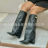 Breakj Women's Shoes New Pointed Big Tube Straight Metal Buckle Boots Large Size Thick Heel Trouser Hose Boots Women's