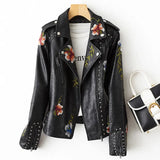 New Women Retro Floral Print Embroidery Faux Soft Leather Jacket Coat Turndown Collar Pu Moto Biker Black Punk