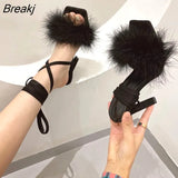 New Black Women Sandals Sexy Open Toe Furry Fur Summer High-Heeled Sandals Ladies