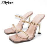 Clear PVC Transparent High Heel Slippers Summer Fashion Chain Design Slip On Square Toe Slides Women Mules