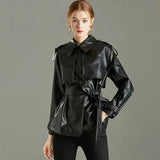 2021 Spring Autumn Lapel Faux Leather Jacket Women Green PU Coat Simplicity Loose Jackets Office Lady Outwear with