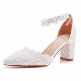 Breakj Lace Pointed Women's Singles Lace Wedding Dress Shoes Spring Thick Heel Sharp Sandals White Wedding Shoes