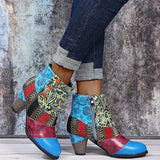 Breakj Plus Size Bohemian Female Martens Ethnic Style Casual Vintage Stitching High Heel Short Leather