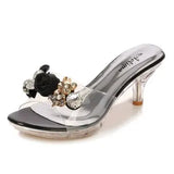 Summer Women Slippers Crystal Flowers 6.5CM High Heels Mules Slides Lady Transparent Flip Flop Slippers Jelly Sandals