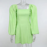 Women Puff Sleeve Mini Dress Sexy Casual Square Collar Autumn 2021 Vintage Green Clubwear Party Elegant Female
