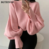 2020 New Autumn Winter Patchwork Short Sweaters Casual O-neck Lantern Sleeve Loose Warm Female Knitted Tops
