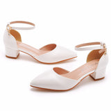 Breakj 7 Cm Thick Heel Sharp-Headed Hollow Sandals Spring Square Side Light Women's Shoes White Buckle Bride High
