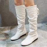 Knee High Boots Red Black White Tall Boots Woman Pleated Low Heel Casual Leather Autunm Winter Female Long Shoe