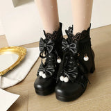 Pink White Black Chunky Heel Lolita Shoes Butterfly-knot Hollow Lace Womens Cosplay Princess Court Vintage Winter Ankle
