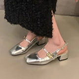 Silver Mary Jane Shoes Women's Shoes 2024 New Summer Temperament Thick Heel Square Head Shallow One Word With Single