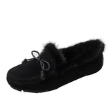 Bowtie Fur Mocasines Women Mink Hair Boots Winter Plush Warm Flats Genuine Leather Loafers Femmes Shearling Cotton