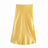 Satin Elastic waist Women Side Slit Midi Skirt 2020 New Fashion Casual Lady Button decoration Slim A-Line Skirts