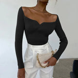 Knitted Square Collar Tops Women Sexy Long Sleeve Women Slim Minimalist Autumn 2021 Basic Korean Black Casual