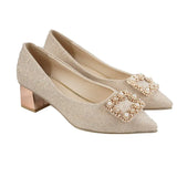 2022 Womens Pumps Bling Bling Pointed Toe Square Heel High Heels Rhinestone Decoration Buckle Party Shoes Zapatos Rojos