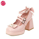 Women Mary Jane Chunky Block Heel Platform Pump Shoes Bute Bow Apeal Ankle Straps Square Toe Goth Heels Pu Leather Dress
