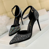 Breakj Korean Version Of Sweet High Heels With High Heel Shallow Pointed Hollow Out A Word With Shiny Rhinestone