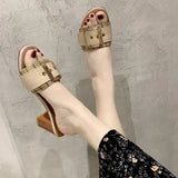 Woman Mules Ladies Party Slides Women Fashion Buckle Sandals Women's Slippers Female Outdoor High Heels PU Leather Size