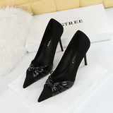 Breakj Korean Version Of Fashion Pedicure Delicate Show Thin Heel High Heel Shallow Pointed Bow Single Shoes Women's High