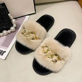 Fur Slippers 2024 New Fashion Chain Design Women Home Slippers Winter Indoor Open Toe Flat Non-slip Leisure Female