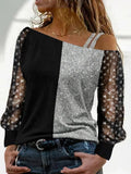 Spring Autumn Patchwork Print Blouses Office Lady Slim Fashion Shirts Women Elegant Sexy One Shoulder Mesh Sleeve Tops