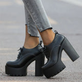 Office Women High Heels Goth Leisure Shoes Black Pumps Women Elegant Platform Lace Up Block Heel Spring