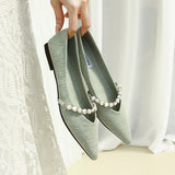 Microfiber Ballet Shoes Ladies Pearl Belt Flats Women Green Loafers Pointed Toe Moccasins Femme Dress Ballerina