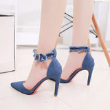 Denim Jeans Pumps High Thin Heels Blue Shallow Buckle Ankle Strap Pointed Toe Female Sandal Sexy Party Dress Tacones