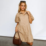 Women Solid Color Mini Dress Summer Puff Short Sleeve Chic Dresses Turn Down Collar Loose Shirt Dress Vestidos