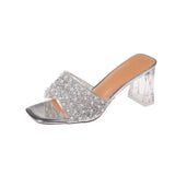Silver Champagne Women's Sandals Summer New Shoes Pearls Clear Heel Open Toe Comfort Pvc Sexy Square Heel Zapatillas Casa