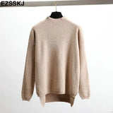 Style Loose Sweater Women Pullover Casual Half Turtleneck Long Sleeve Oversized Knit Sweater Female Jumpers Split
