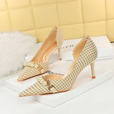 Breakj Korean Version Of High Heels Plaid Shallow Mouth Side Hollow Thousand Bird Case Pearl Metal Chain Super High Heel Single