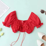 White Lace Up Bow tie Sexy Short Blouse Women Summer 2021 Casual Puff Sleeve Small Shirts femme Crop Tops