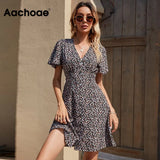 Summer Elegant A Line Dress V Neck Floral Print Mini Dress Flare Short Sleeve Button Party Dress Vestido De