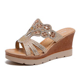 / Summer 2023 New Fashion Rhinestone High Heel Slope Sandals Slippers Women's Loose Cake Thick Bottom One-Word Drag