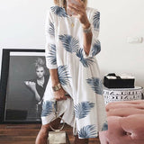 Women Autumn buttertly leaf Print long sleeves Dresses Elegant casual O Neck Knee-length Dress Summer loose Dresses
