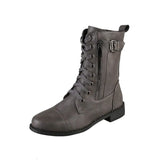 New Women Retro Boots Western Winter Fashion Shoes Punk Lace Up Buckle Motorcycle Zipper Mid Calf Boots Ladies Short