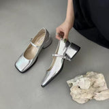 Breakj 2025 New Square Heel Mary Jane Shoes British Wind Head Black Leather Shoes Lefu Single