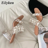 New Transparent PVC String Bead Shoes Woman Fashion Open Toe Slippers Crystal Perspex Heels Slides Beach Sandale