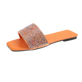 Breakj Size Rhinestone Flat Bottom Slippers Woman's Head Korean Version Fashion One Word Household Cool Drag