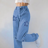 Floral Patchwork Casual Vintage Jeans Women High Waist Denim Pants Capris Fashion Elegant Trousers Ladies Summer