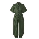 Leopard Print Jumpsuit Retro Summer Short Sleeve Lace-Up Playsuit Overalls Casual Button V-Neck Pocket Romper Bodysuit